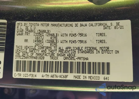 2021 Toyota Tacoma Sr V6 from USA, damaged, VIN 3TMCZ5AN7MM401820